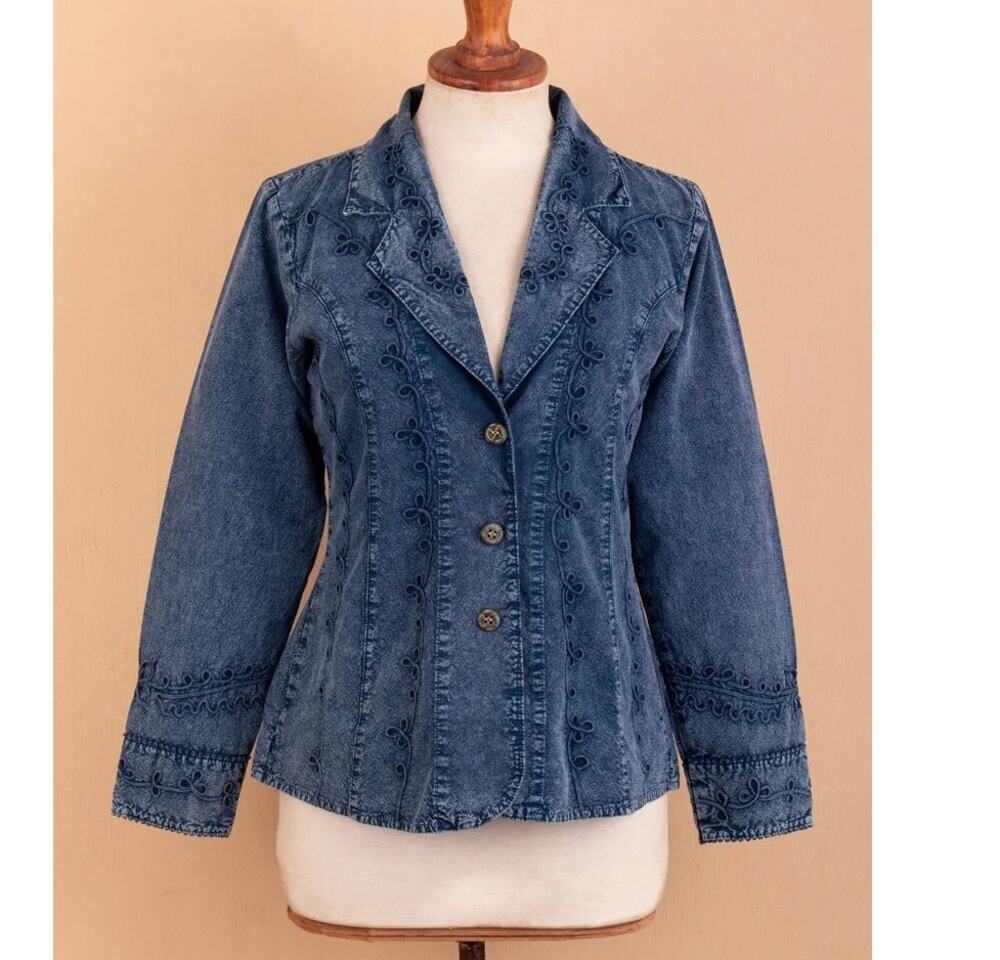 Novica women's Andean Fields in Blue jacket blue large floral membroidery